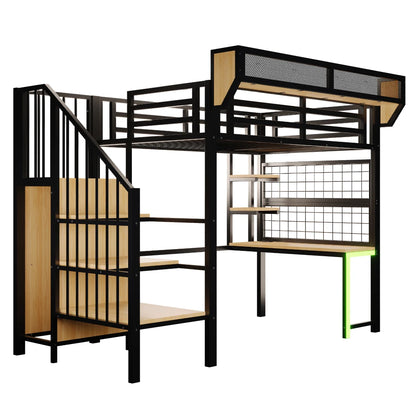 90×200cm & 140*200cm Metal High Bed, with Desk, Shelf and Storage Net, Complete with Safety Ladder, LED Lighting and Socket