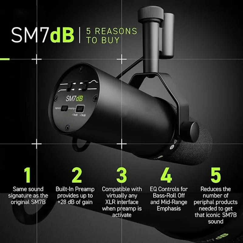 Shure SM7dB Studio Dynamic Microphone Radio Live Vocal Microphone Sm7b Upgraded Version for Streaming Podcast Built-in Preamp