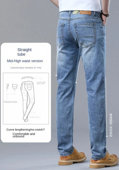Spring and Summer Thin Men's Light Blue Slim Jeans Stylish Casual Stretch Fabric Denim Pants Classic Trousers Smoke Gray