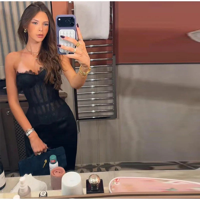 Sexy Women's Lace Fishbone Bandage Vest Black Slim Strapless Backless Female Corset 2026 Spring Summer Lady Beach Party Top New