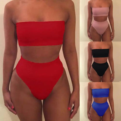 2025 Two-piece 	High Waist Bikini Set Solid Color Elastic Wireless Strapless Summer Lady Swimsuit Swimming Bathing Suit