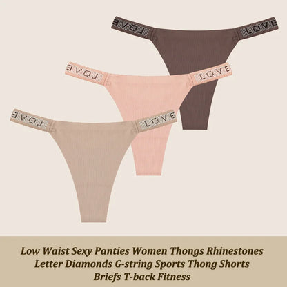 3Pcs/Set Low Waist Sexy Panties Women Thongs Rhinestones Letter Diamonds G-string Sports Thong Shorts Briefs T-back Size XS-XL