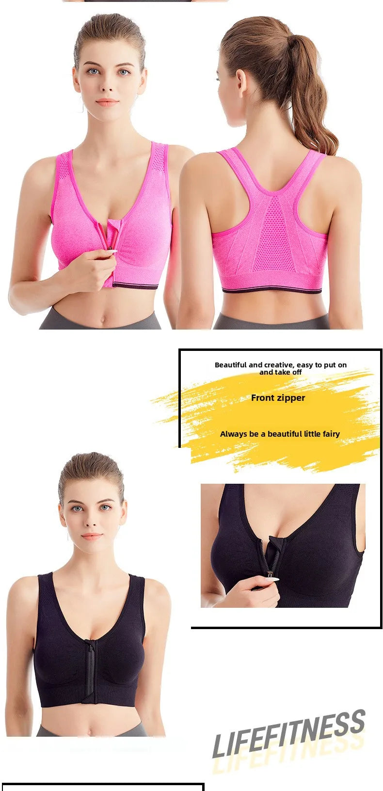 Front Zip Sports Bra High Impact Support Breathable Wire Free Running Yoga Top for Women