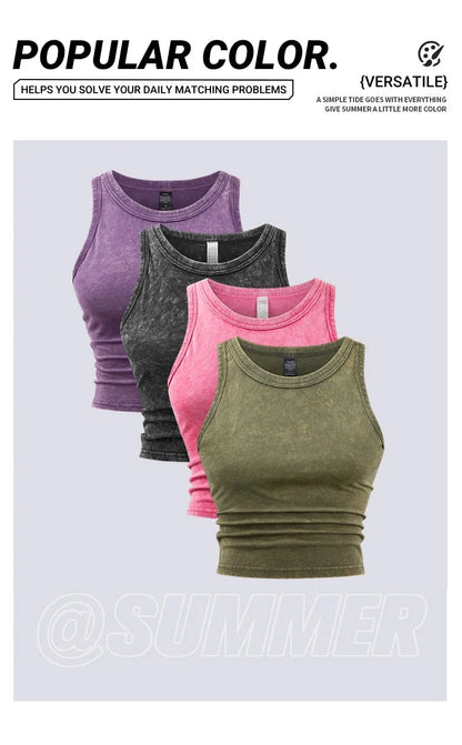 Dam Y2K Bomull Linne Crop Top – Tight Washed Streetwear Casual Sommar, 10 Färger M–XXL