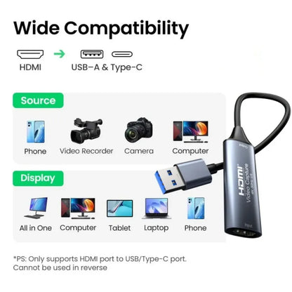 HDMI Capture Card USB-C/USB 2.0/3.0 – 4K ingång, 1080p/60Hz utgång, Plug-and-play för PC, Android & Mac