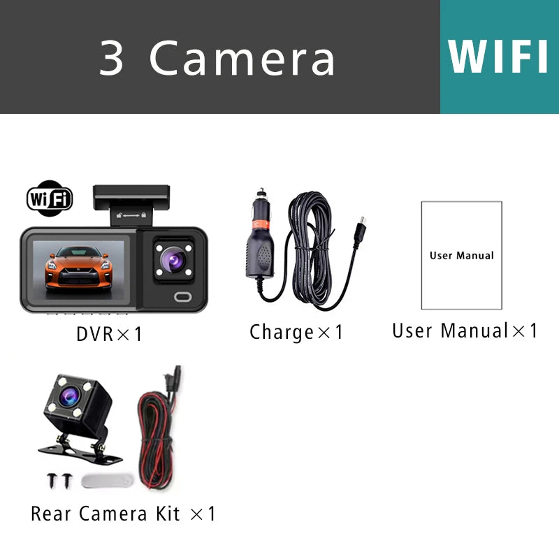 WIFI 3 Camera Dash Cam Cabin Car Dvr 1080P Interior Vehicle Three Way Channel Dvrs Recorder Video Registrator Dashcam Camcorder