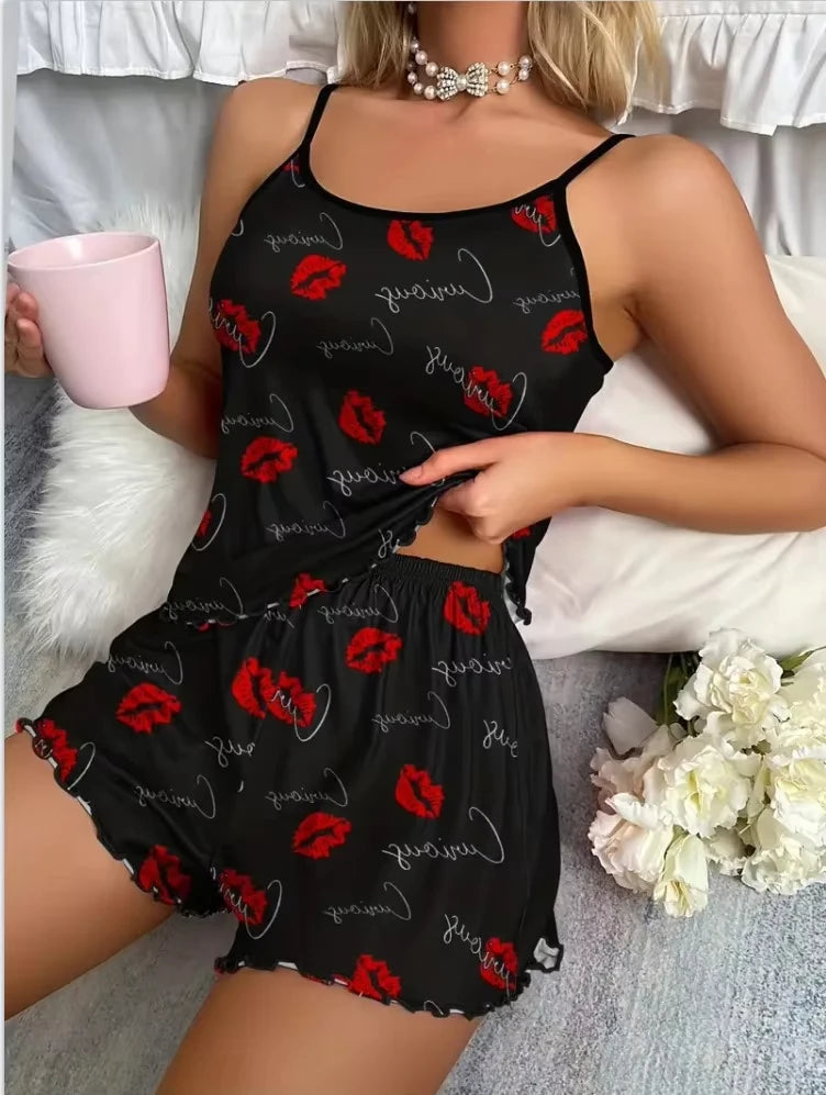 Dam Pyjamas Set – Cami-Linne & Shorts Röda Läpptryck, Sexig Sommar Loungewear
