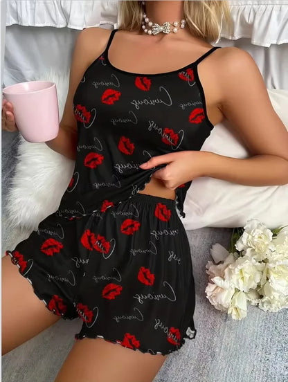 Dam Pyjamas Set – Cami-Linne & Shorts Röda Läpptryck, Sexig Sommar Loungewear