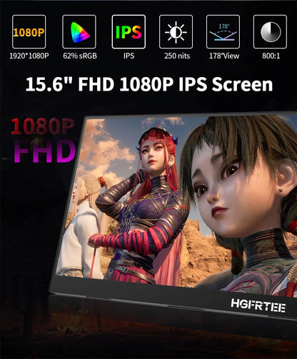 HGFRTEE 15.6 Inch Portable Monitor, FHD USB-C Mini HDMI External Second Screen, Gaming Extended Display for Laptop Mac PS4 PS5 Xbox