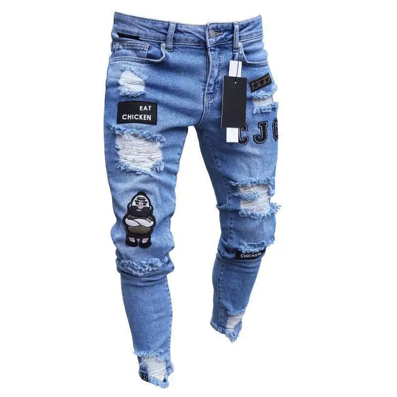 new White Embroidery Jeans Men Cotton Stretchy Ripped Skinny Jeans High Quality Hip Hop Black Hole Slim Fit Oversize Denim Pants