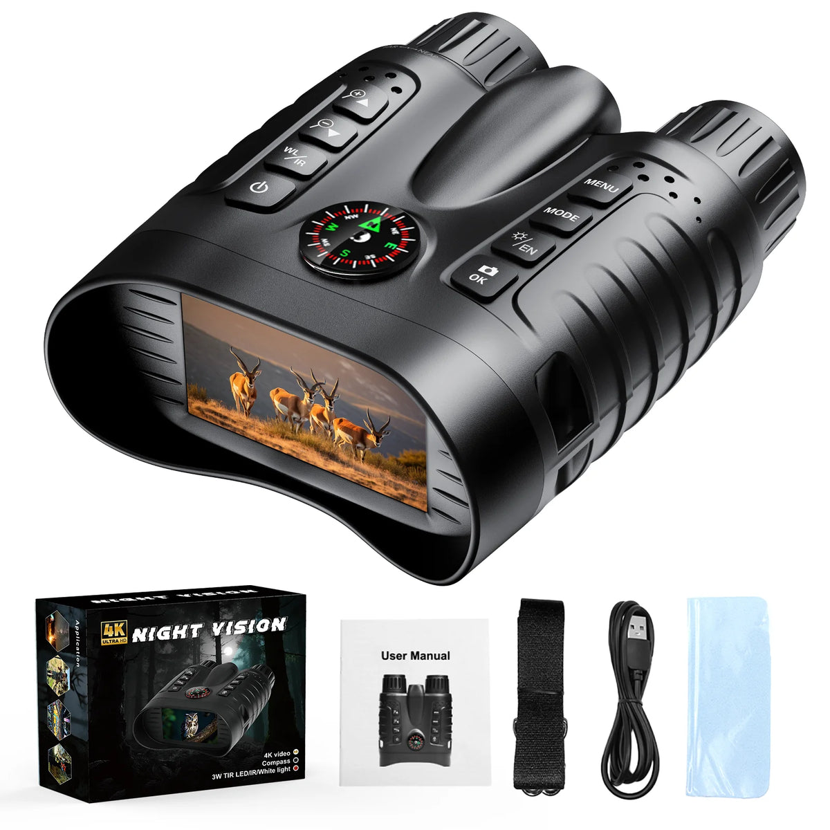 4K Night Vision Binoculars 64GB 8x Digital 400m Full Dark Infrared Telescope Goggles 3.2” Screen for Hunting Camping Boating