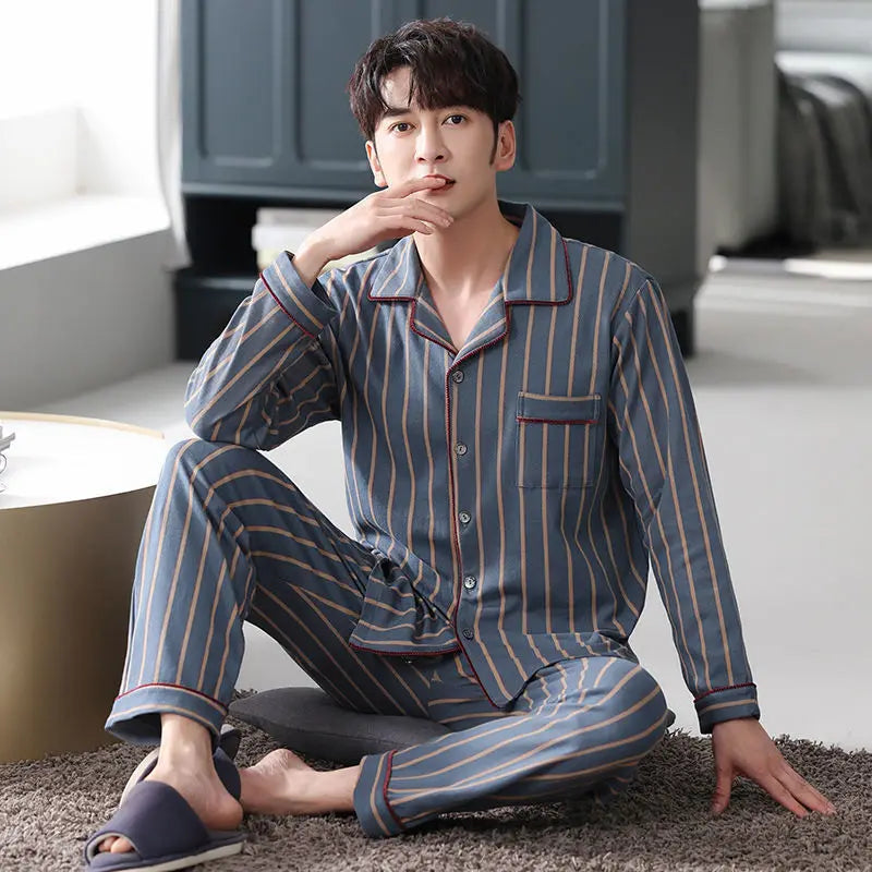 Herr Pyjamas Set – Långärmad & Långa Byxor Tunn Polyester Året Runt Plus Size, 5 Färger M–4XL