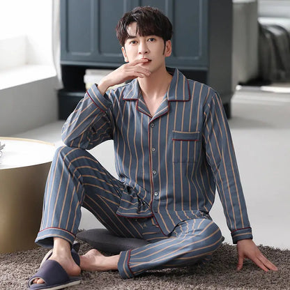 Herr Pyjamas Set – Långärmad & Långa Byxor Tunn Polyester Året Runt Plus Size, 5 Färger M–4XL