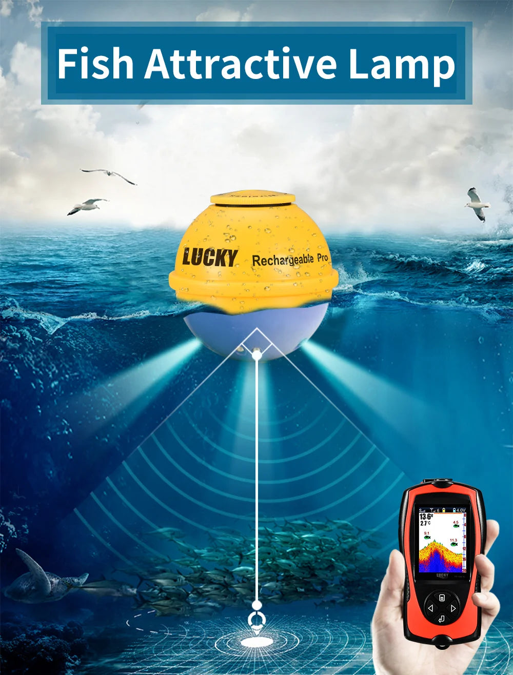 LUCKY FF1108-1CWLA Sonar Fish Finder Portable Wireless Rechargeable Echo Sounder 45M Water Depth Sensor for Fishing