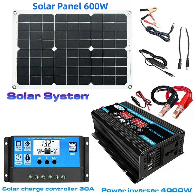 Komplett Solkraftsystem 4000W/6000W – 20W Monokristallin Solpanel + Modifierad Sinusvåg Inverter 110V/220V + 30A PWM-regulator 12V/24V