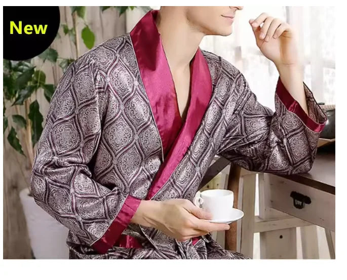 Plus Size 3XL 4XL 5XL Men Robe Sleepwear Navy Blue Stripe Kimono Bathrobe Gown with Pocket Summer Satin Home Clothes Lounge Wear