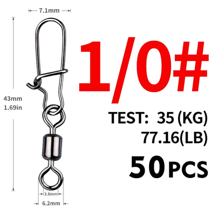 MEREDITH 50PCS Pike Fishing Accessories Connector Pin Bearing Rolling Swivel Stainless Steel Snap Fishhook Lure Swivels Tackle