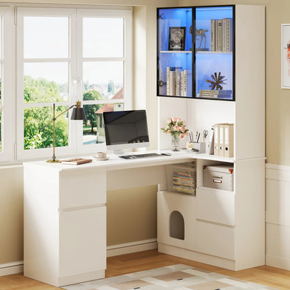 Corner Desk with Shelf and LED Display Cabinet, Desk with Cable Outlet, 3 Drawers, 2 Doors, Open Compartments, Built-in Bookcase