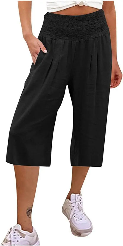 Summer 2024 Amazon Eurn women's cross-border cotton hemp seven waist pocket pocket pocket pocket wide leg pants woman