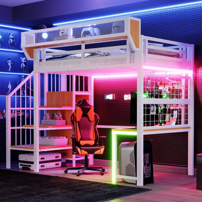 90×200cm & 140*200cm Metal High Bed, with Desk, Shelf and Storage Net, Complete with Safety Ladder, LED Lighting and Socket