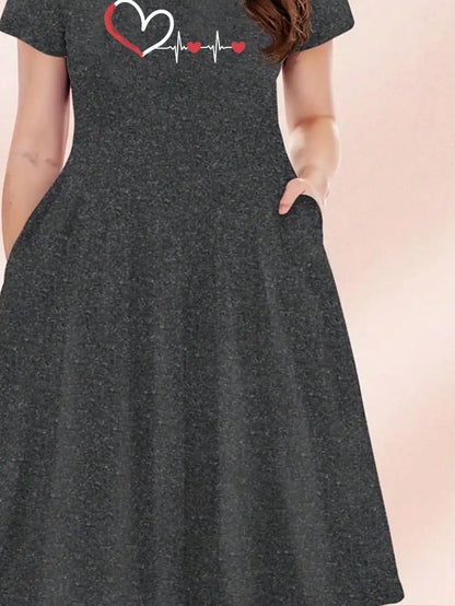 2026 Women's Four Seasons Love at First Sight Heartbeat Printed Casual Loose Black Short Sleeved Large Short Skirt Dress