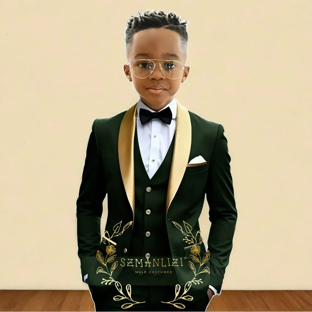 Oil Green Boys Suit 3 Pieces Wedding Tuxedo for Kids Jacket Pants Vest Gold Shawl Lapel Child 2-16 Years Old Customized Outfit
