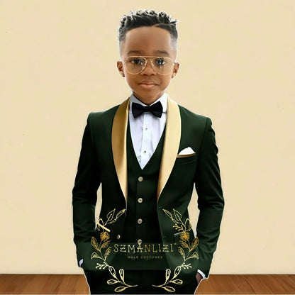 Oil Green Boys Suit 3 Pieces Wedding Tuxedo for Kids Jacket Pants Vest Gold Shawl Lapel Child 2-16 Years Old Customized Outfit
