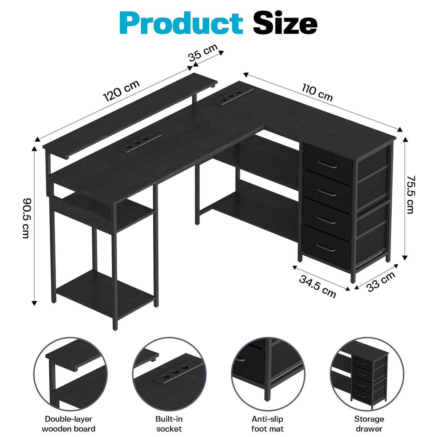Black L-shaped gaming desk 120x110cm with monitor stand, drawers, cable cutout, and multiple shelves; office table for home use