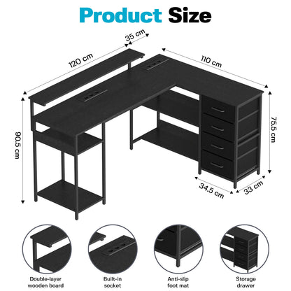 Black L-shaped gaming desk 120x110cm with monitor stand, drawers, cable cutout, and multiple shelves; office table for home use