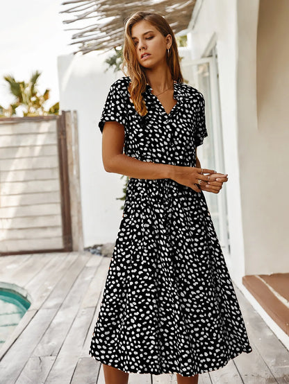 Vintage Blommig Boho Skjortklänning – Kortärmad, Lång, Nedvikt Krage, Skärp, 6 Färger, S–XL