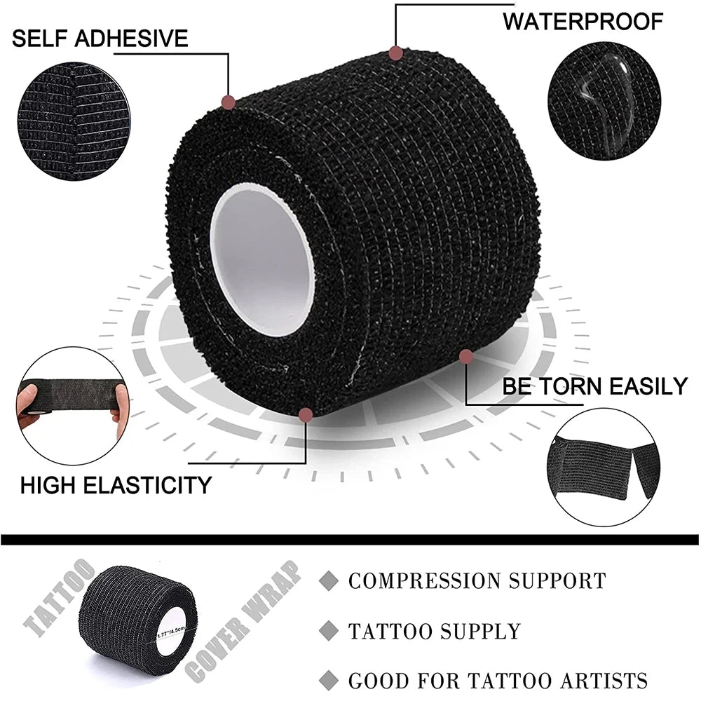 48/24/3PCS Black Tattoo Grip Cover Wraps Self-Adhesive Elastic Bandage Tape Breathable Strong Sports Tape Athletic Bandage Rolls