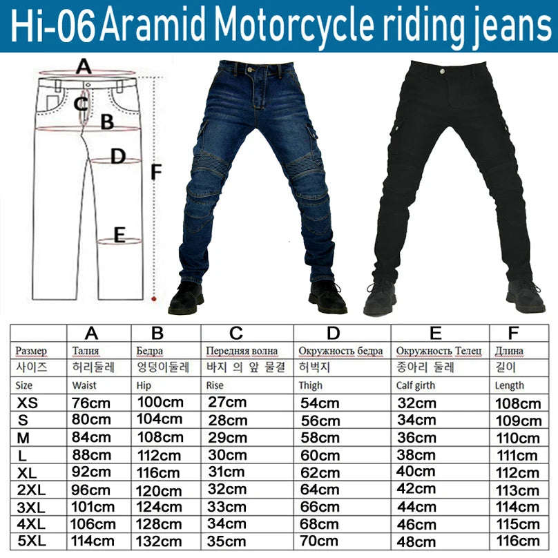 Kevlar MC-byxor med knä- och höftskydd, storlek XXS–5XL