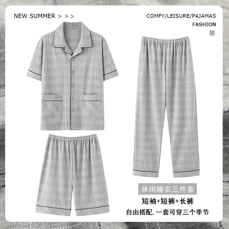 2023 New Cotton Sleepwear Men's 3 Pieces Set Homewear Plus Size 4XL Cardigan Nightwear Short Sleep Tops & Shorts & Long Pants