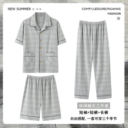 2023 New Cotton Sleepwear Men's 3 Pieces Set Homewear Plus Size 4XL Cardigan Nightwear Short Sleep Tops & Shorts & Long Pants