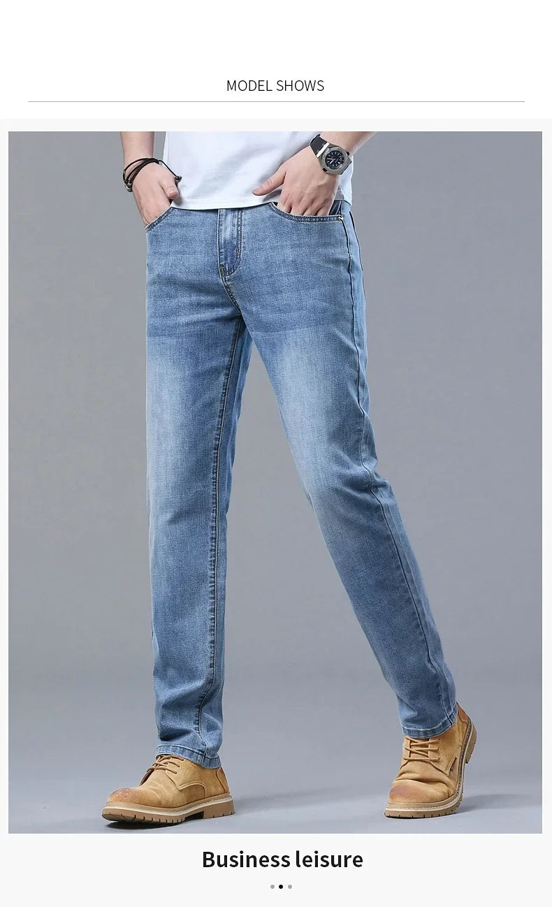 Spring and Summer Thin Men's Light Blue Slim Jeans Stylish Casual Stretch Fabric Denim Pants Classic Trousers Smoke Gray