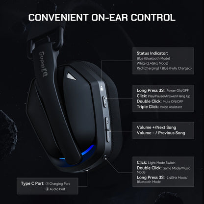 EKSA G19BT 2.4GHz Wireless Gaming Headphones Bluetooth 5.4 3.5mm Headset 30ms Low Latency 40mm RGB Hidden Mic 35H Foldable PC