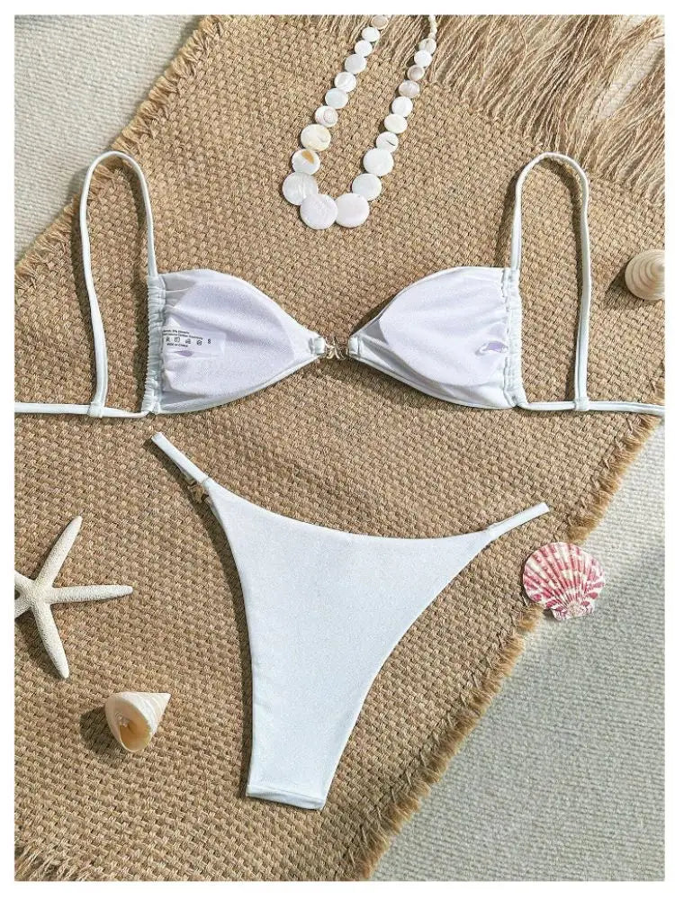 Cikini Women's Sexy Bikini Two Pieces Set Accessories Glossy Texture Special Fabric Solid Color Summer Beach Swimwear