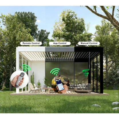 Bioklimatisk fristående metallpaviljong snölasttålig pergola för utemiljöer
