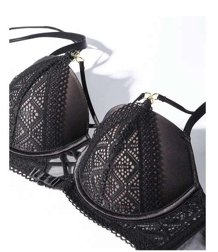 Women's Sexy Push up Lingerie Set French Lace Half Cup Bra with Garter Belt Summer Underwear Demi Bra Transparent