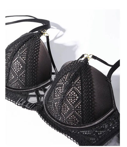 Women's Sexy Push up Lingerie Set French Lace Half Cup Bra with Garter Belt Summer Underwear Demi Bra Transparent