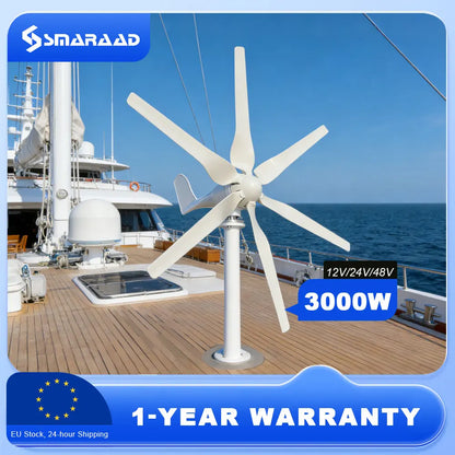 Horisontell Vindturbin 3000W 12V/24V/48V – Lågbullrig Permanent Magnet Off-Grid 220V, EU-lager Polen