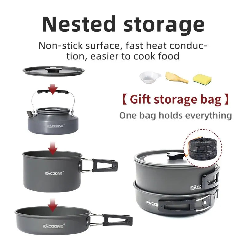 PACOONE Campingkokset – Portabelt Aluminiumset med Kastrull, Vattenkokare & Panna, Hopfällbart