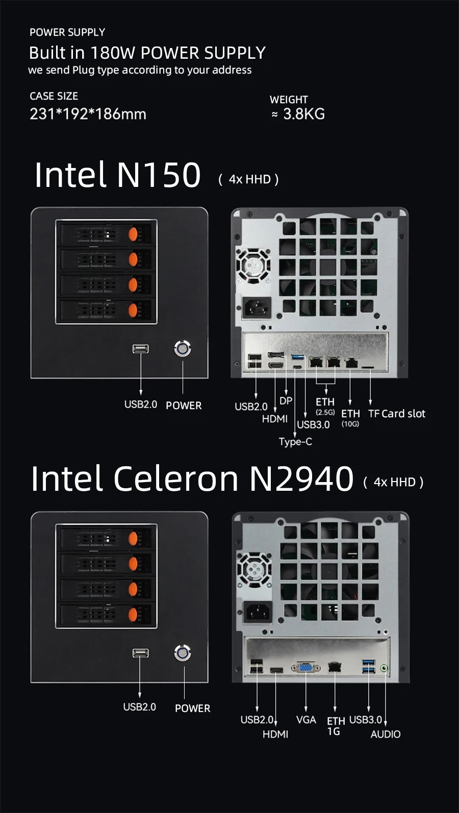 XCY X108 NAS Mini PC 4-fack 2,5"/3,5" SATA – Intel N150 / Celeron N2940, Windows 10/11 Linux NAS, DDR5/DDR3L