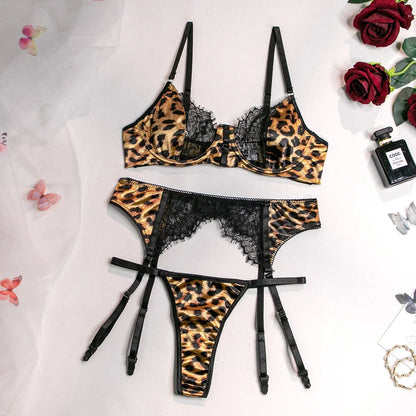 Leopardspets Lingerieset 3-delat – Sexigt, Romantiskt, BH & Trosa, S–L