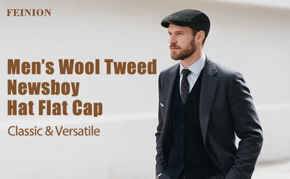 FEINION Men's Herringbone Flat Ivy Newsboy Hat Wool Blend Gatsby Cabbie Cap Winter Outdoor Hunting Cap