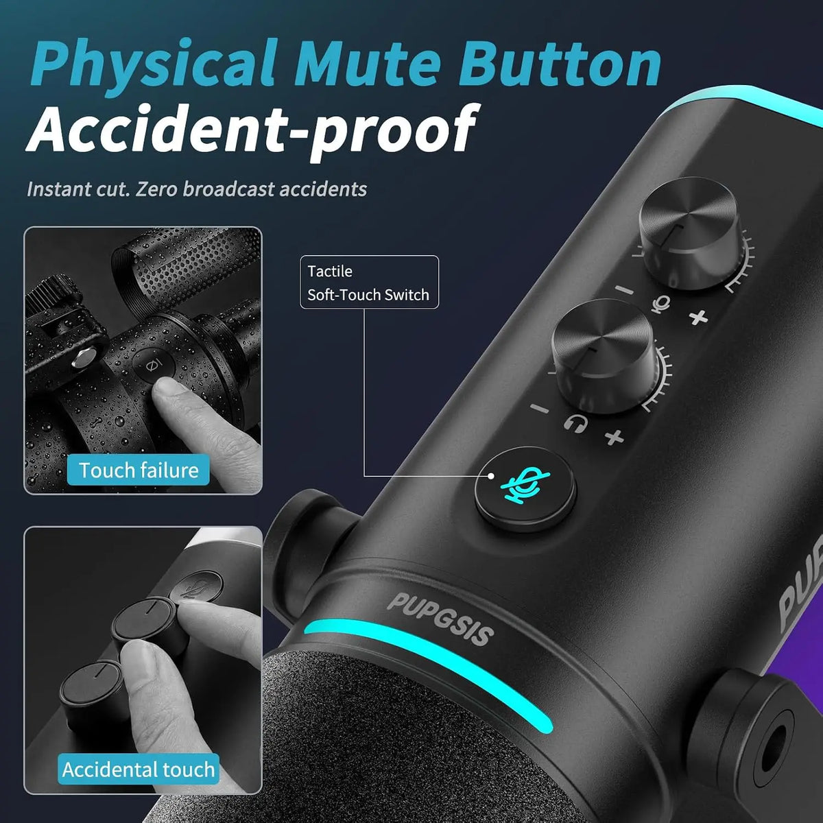 PUPGSIS Podcast Microphone Kit, USB/XLR Dynamic Vocal Mic, Streaming Mic with RGB Lights for PC/XLR Mixer, with Mute Button, Headphone Jack, Gain Knob, for Gaming Voice-Over Recording