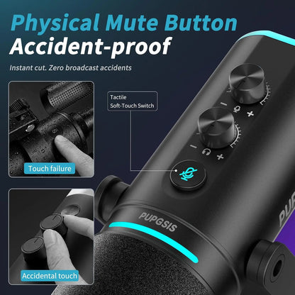 PUPGSIS Podcast Microphone Kit, USB/XLR Dynamic Vocal Mic, Streaming Mic with RGB Lights for PC/XLR Mixer, with Mute Button, Headphone Jack, Gain Knob, for Gaming Voice-Over Recording