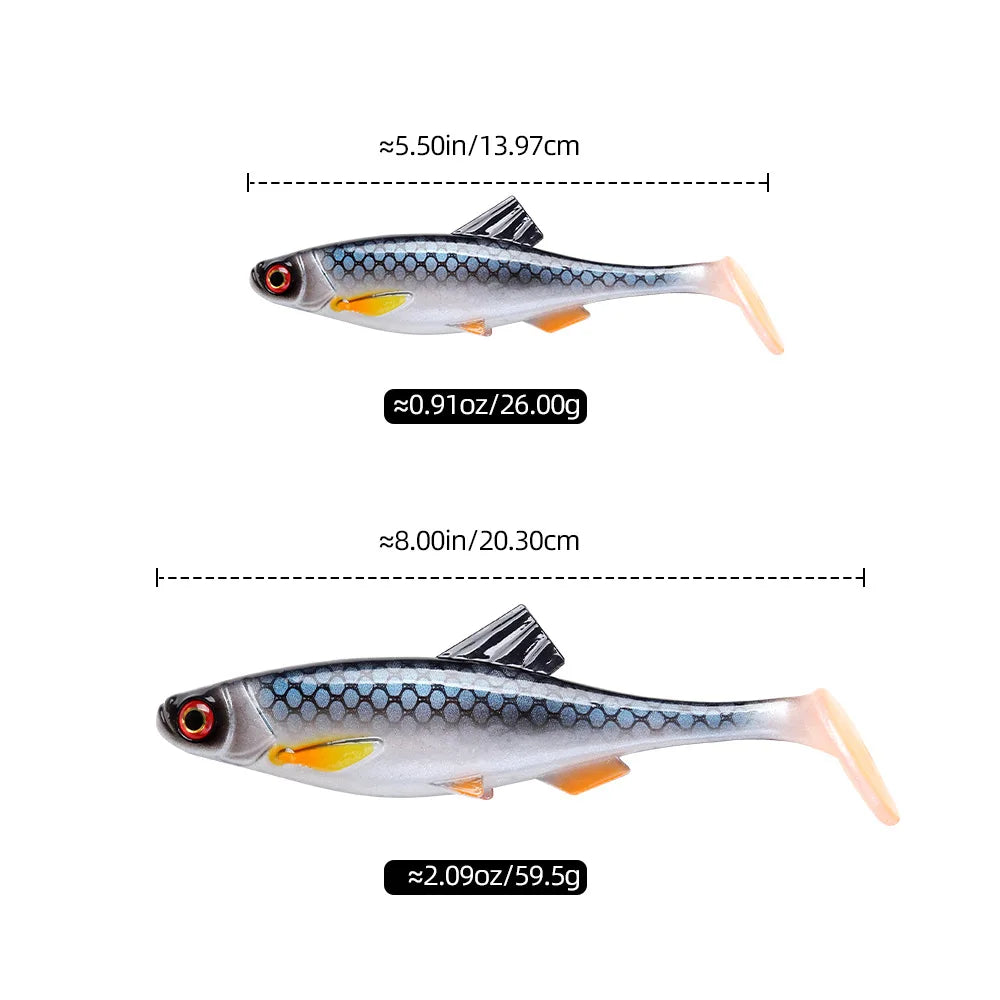 1pcs 26g 60g River Roach Fishing Lure Soft Bait T Paddle Tail Baitfish Shad Strike Silicone Plastic Swimbait Wobbler Pike Bass
