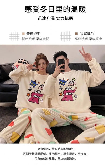 Kawaii Crayon Shin-Chan Couple Pajamas Set New Men's/women's Fashion Casual Pajama Plush Coral Fleece Winter Cartoon Homeclothes
