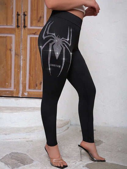 Plus Size Women's Rhinestone Spider Pattern Leggings Comfortable High-Stretch Knit Pants Fashionable Casual Style Trousers